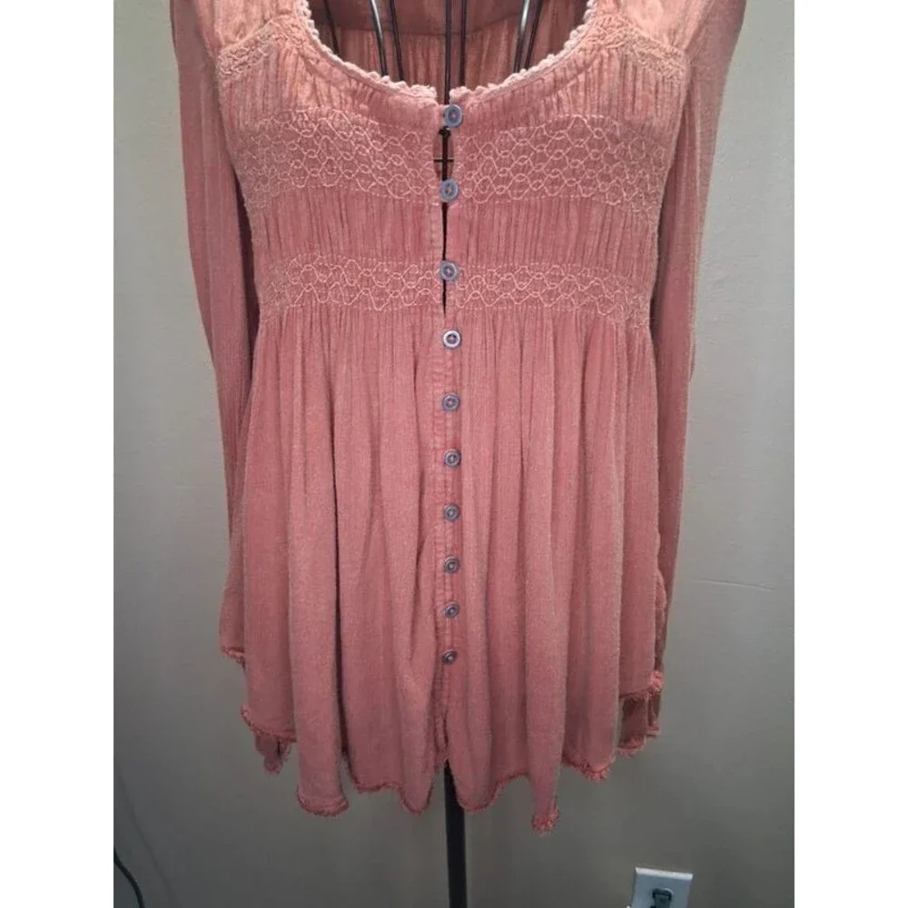 Y2K Vintage Smocked Peasant Tunic Top S/P Rose Brown Boho